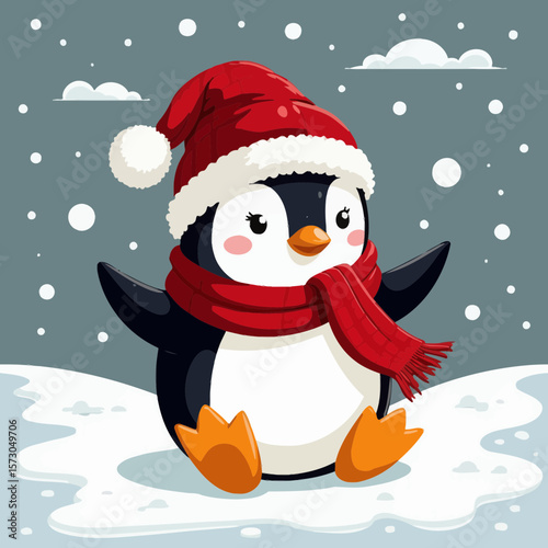 Cute penguin wearing a red scarf and hat in snowy winter scene  