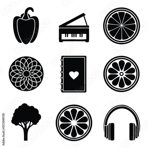 Black silhouette icons of a bell pepper piano citrus fruit flower tree notebook headphones
