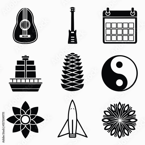 Black silhouette icons musical instrument calendar pinecone yin yang ship flower rocket mandala