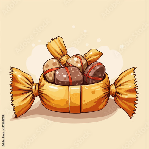 Colorful candies in gold wrapper on beige background  