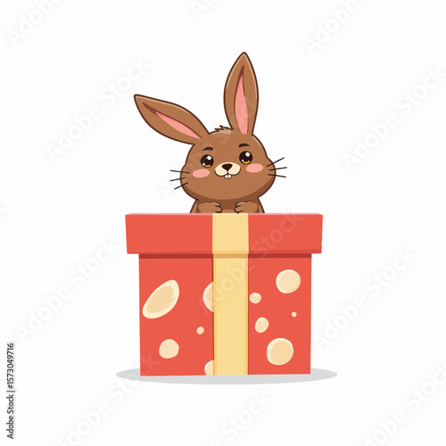 Cute brown bunny peeking out from a gift box with ribbon  