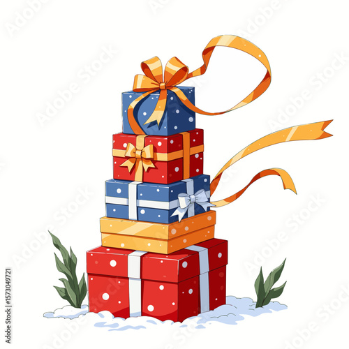 Colorful Christmas gifts stacked with ribbons on snowy background  