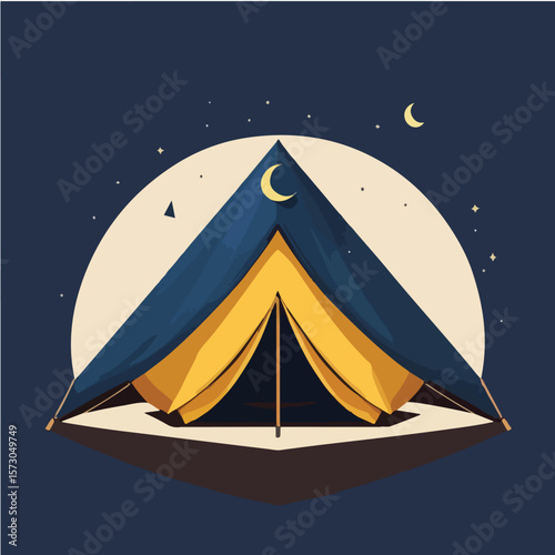 a triangular camping tent with a crescent moon above