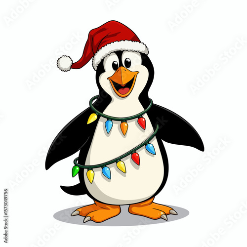 Cartoon penguin wearing Christmas hat and lights smiling cheerfully  