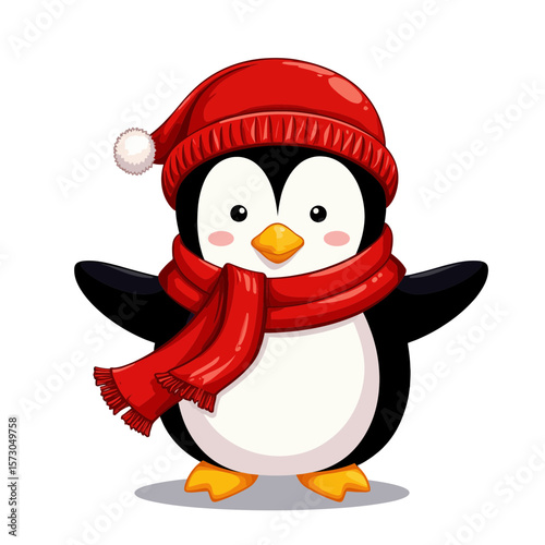 Cartoon penguin wearing red scarf and hat with open wings  