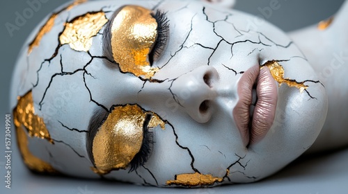 A stunning portrayal of a cracked face adorned with shimmering gold accents, depicting beauty amidst imperfection, and presenting an enigmatic, thought-provoking exploration of human emotion and arti