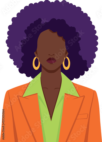 Woman with purple afro hairstyle wearing orange blazer and green shirt vector portrait illustration