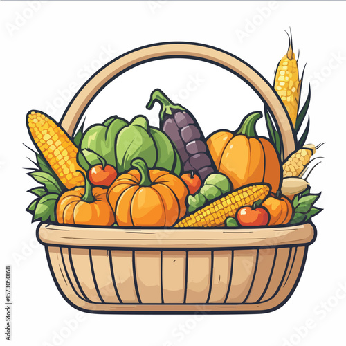 a harvest basket filled with fruits and vegetables like corn, carrot, and pumpkin.