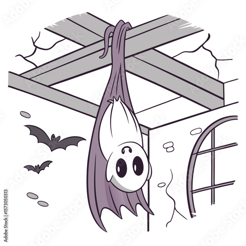 Cute cartoon ghost dressed as a bat hanging upside down from a ceiling with other bats flying in a spooky haunted house setting for halloween