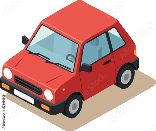 Red compact car vector illustration in isometric style with simple design and shadow effect for automotive and transport concepts