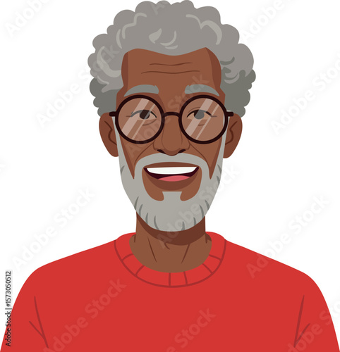 Elderly man smiling with glasses and curly gray hair wearing red sweater vector portrait illustration