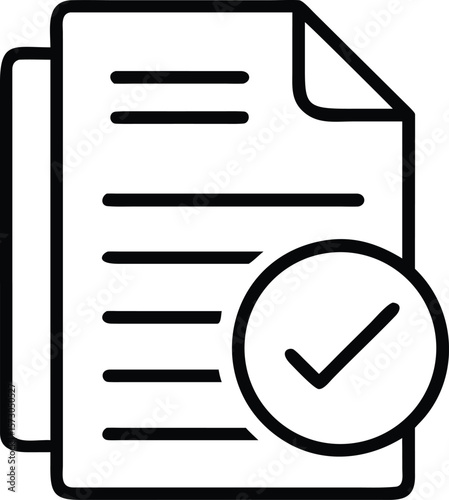 Clean line art icon of a document with a verified checkmark and seal