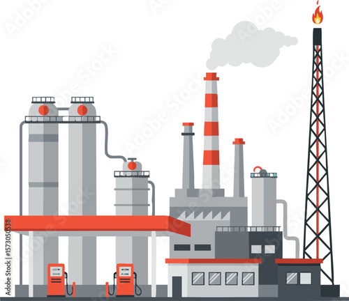 Industrial factory complex with gas tanks and red striped smokestack burning flame vector illustration