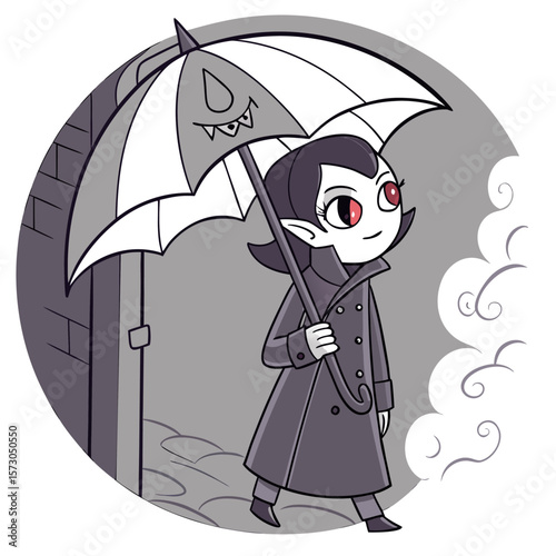 Cute cartoon vampire girl with red eyes and fangs wearing a trench coat and holding a patterned umbrella walks down a cobblestone street on a cloudy day