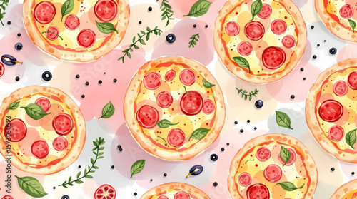 Watercolor pizza on white background seamless vector pattern	