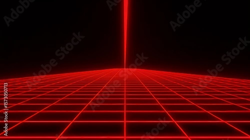 Futuristic red laser beam emanating from a grid landscape, creating a digital horizon effect