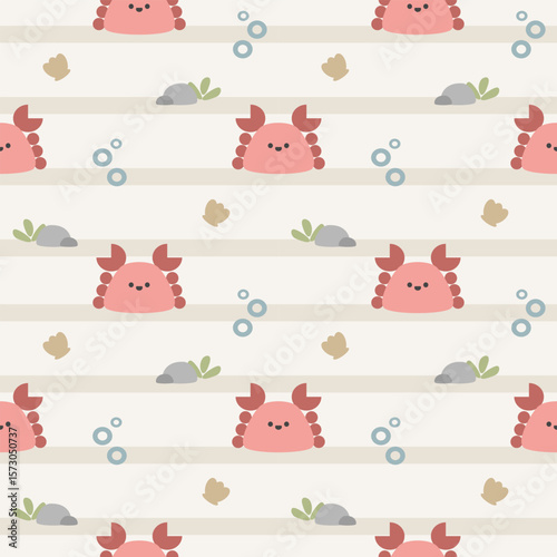 Crab cartoon so cute. On rock shell bubbles background. Pattern seamless vector illustration. 