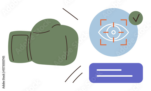 Green boxing glove striking with a focus icon featuring an eye in a target, symbolizing precision. Ideal for strategy, training, goal-setting, accuracy, productivity, decision-making, simple flat
