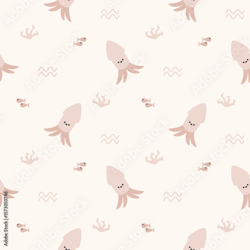 Squid cartoon so cute. On coral fish wave background. Pattern seamless vector illustration. 