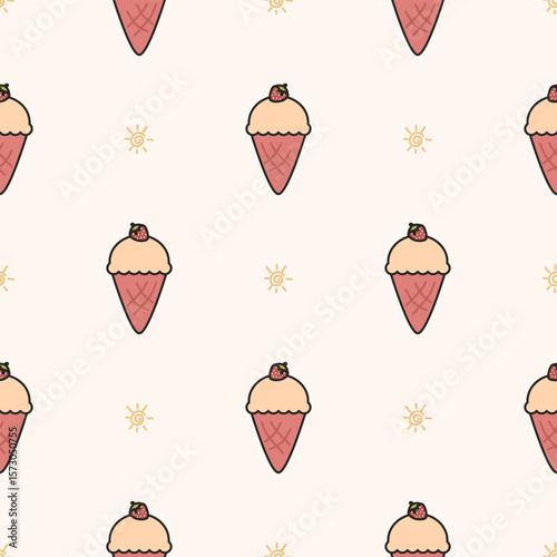 Ice cream strawberry cartoon so cute. On sun background. Pattern seamless vector illustration. 