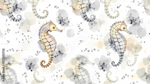 Fantasy gold dragon and seahorse pattern with birds on abstract grunge background