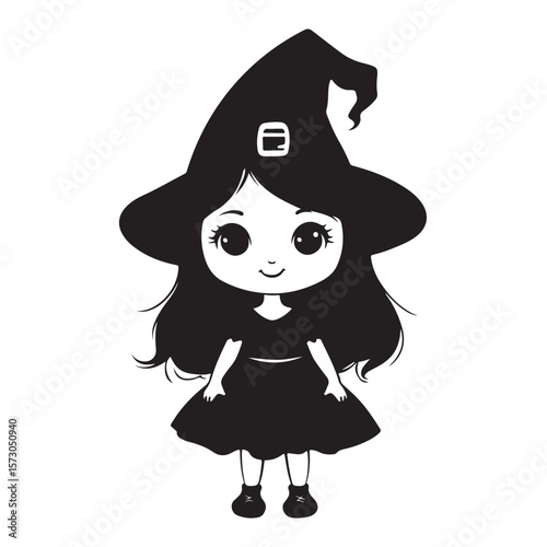 Cute, kawaii little girl dressed as a Halloween witch silhouette, Black little witch silhouette, little girl dressed as a Halloween witch vector, A silhouette of a witch girl character 