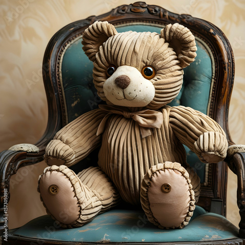 A vintage-style teddy bear with stitched eyes and a charming bowtie.