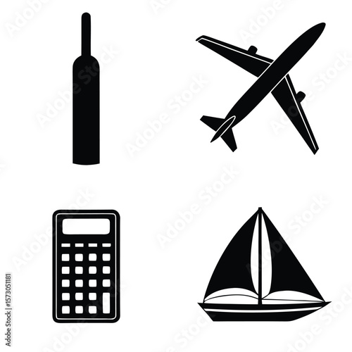 Black silhouette of airplane bottle calculator sailboat vector