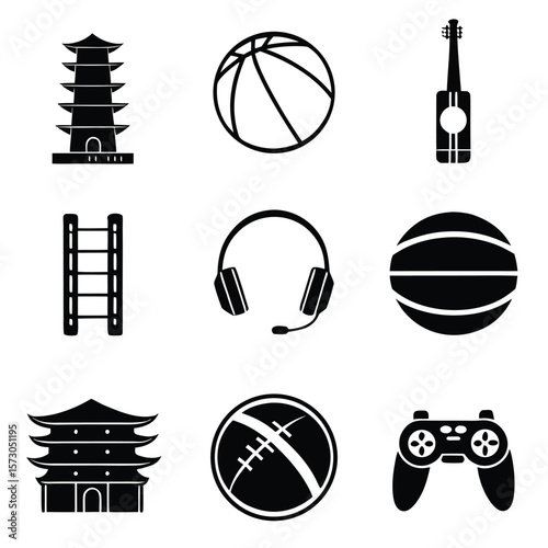 Black silhouette of a Japanese pagoda and a basketball architecture