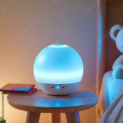 A voice-controlled AI toy assistant for children, placed on a bedside table.