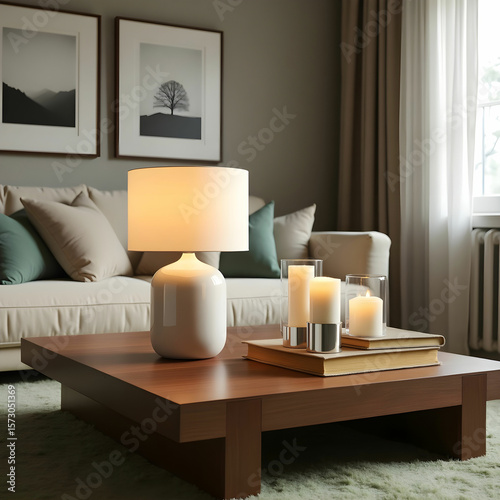 A white ceramic table lamp on a modern coffee table, surrounded by books.