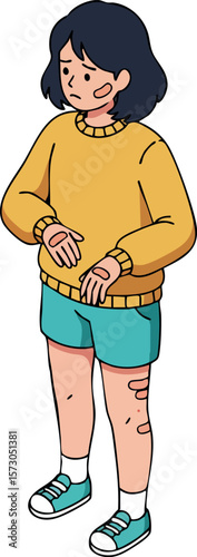 Girl with eczema skin condition wearing yellow sweater and blue shorts checking hands vector illustration