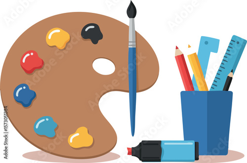 Artist paint palette with colorful paint blobs and blue brush next to cup holding pencils ruler and marker