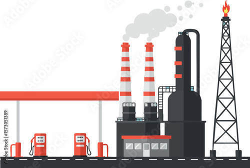 Industrial oil refinery plant with gas station and burning flare tower vector illustration design