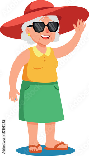 Elderly woman wearing red hat and sunglasses waving hand in summer outfit vector illustration