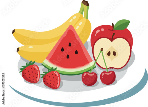 Fresh mixed fruit assortment with bananas watermelon apple strawberries and cherries on plate vector illustration