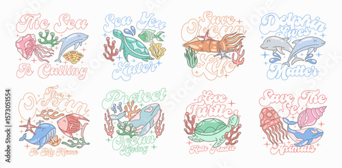 Sea animals quotes t-shirt designs bundle with groove style, Vintage aquatic animals graphic set, Underwater animals design or print, Ocean conservation poster design collection