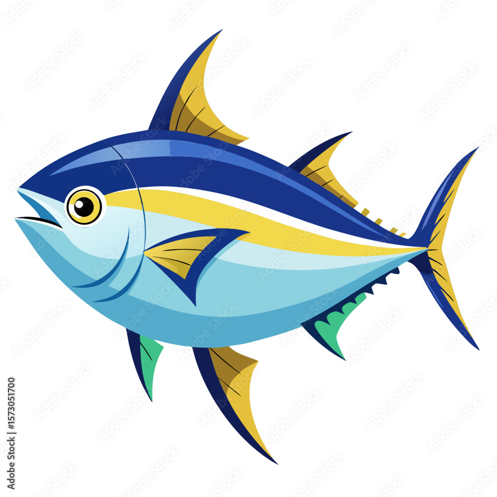 Obraz premium Stylized Cartoon Tuna Illustration A Vibrant Depiction of a Yellowfin Tuna with Bold Blue Yellow and Green Accents on a Clean White Background Ideal for