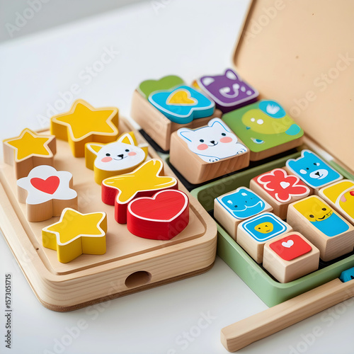 A wooden stamp and ink pad set for kids, featuring fun patterns like stars.