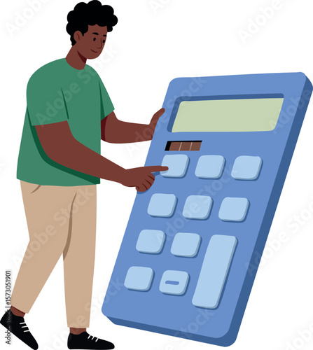 Man using giant calculator for financial calculations and budgeting vector illustration design