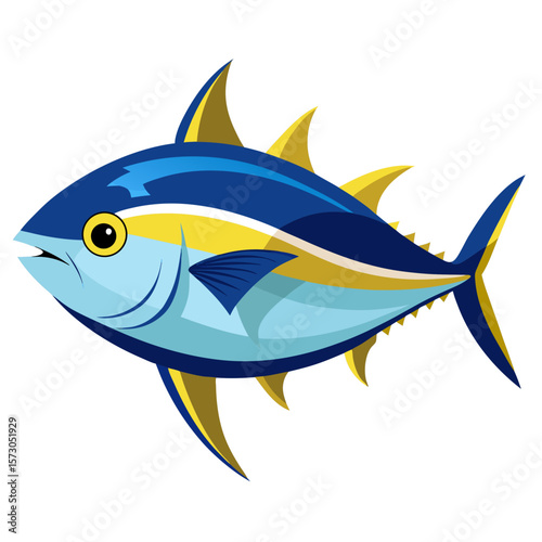 Stylized Yellowfin Tuna Illustration A Vibrant Depiction of Marine Life Showcasing its Distinctive Blue and Yellow Markings Against a Clean White Background Ideal for Educational
