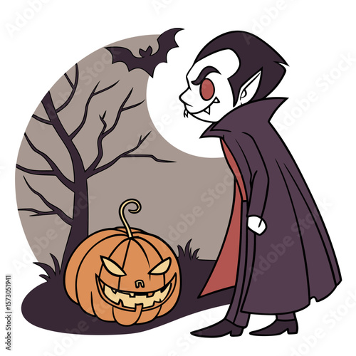 A spooky cartoon vampire with a menacing grin stands beside a carved jack o lantern under a full moon with a bat flying in the night sky