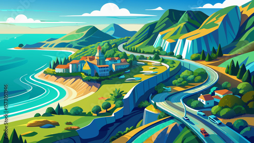 Very beautiful Vibrant aerial shot of coastline and snaking road