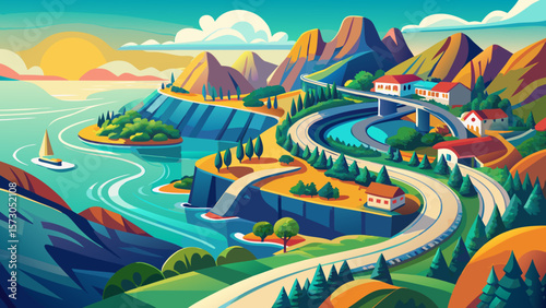 Very beautiful Vibrant aerial shot of coastline and snaking road