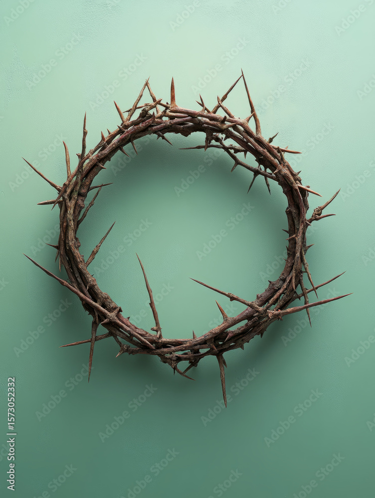 Fototapeta premium Crown of thorns on green background symbolizing sacrifice and faith.