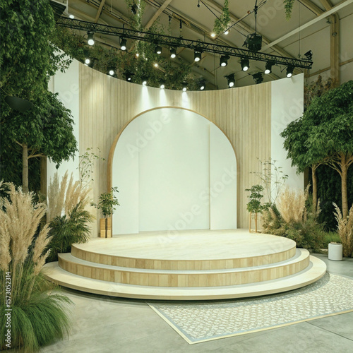 A stage featuring an arrangement of plants in front of a simple white wall, emphasizing a clean and fresh aesthetic.