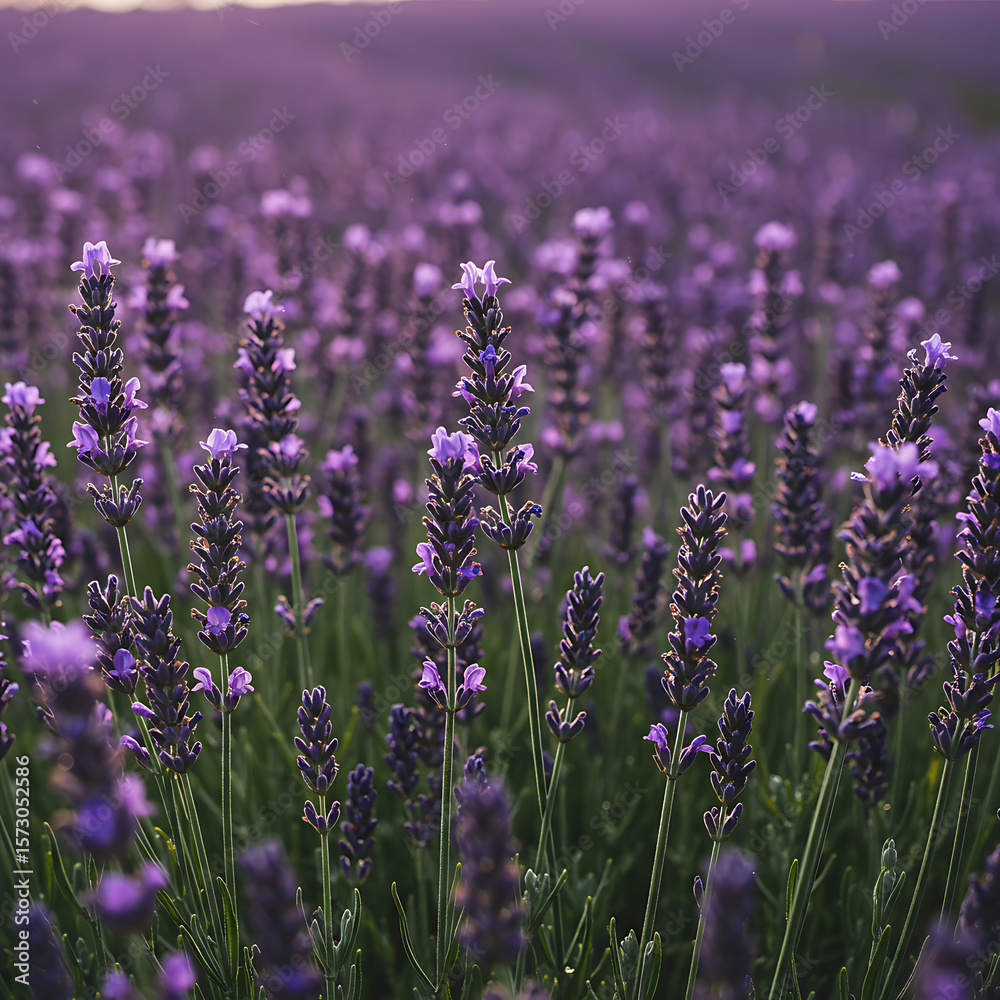 Fototapeta premium Close-up view of a field filled with vibrant purple lavender flowers in bloom, a beautiful nature scene for relaxation and aromatherapy. 