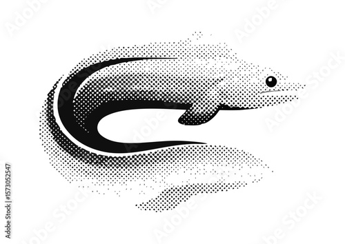Stylized black and white moray eel illustration with dotted texture