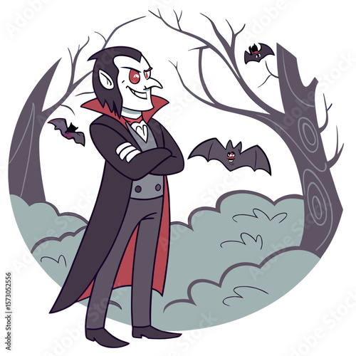 A cartoon vampire with a sly smile stands confidently with his arms crossed surrounded by spooky trees and flying bats on a dark and mysterious night