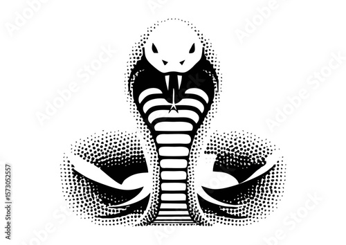Stylized black and white cobra illustration with dotted texture